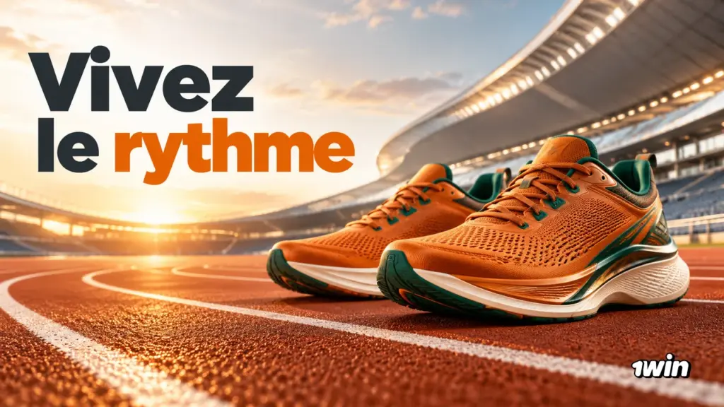 Chaussures de course orange sur une piste d’athlétisme au coucher du soleil.