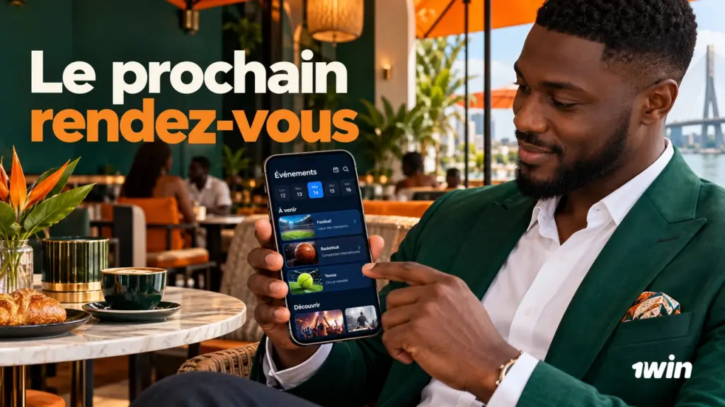Homme montrant un téléphone avec un calendrier sportif illustratif.
