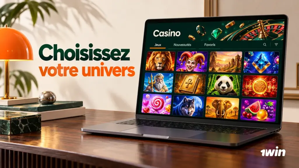 Ordinateur présentant une grille illustrative de jeux de casino.