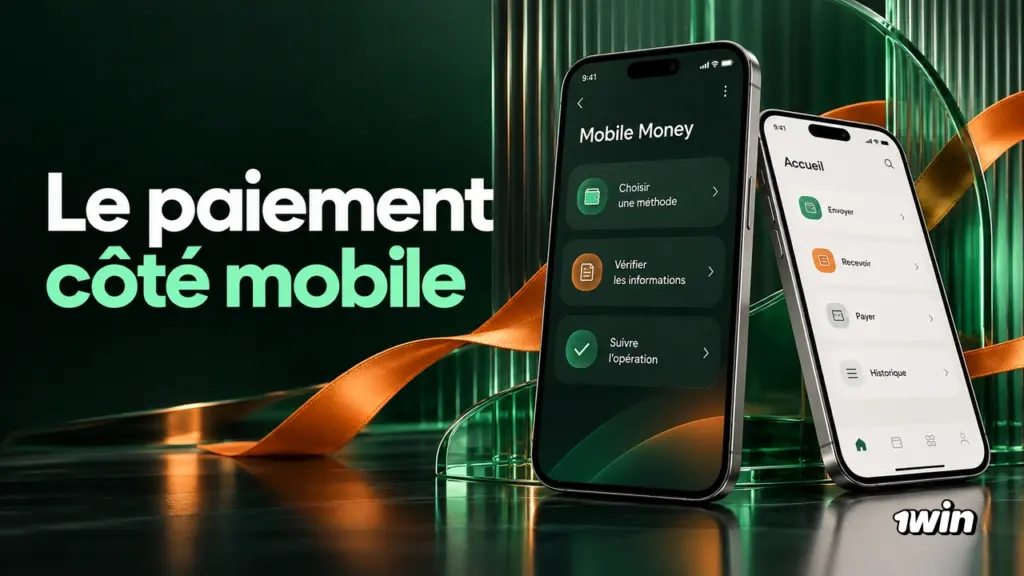 Deux téléphones montrant des écrans illustrés de Mobile Money et d’accueil.