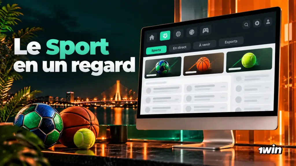 Écran présentant un menu sportif avec football, basket et tennis.