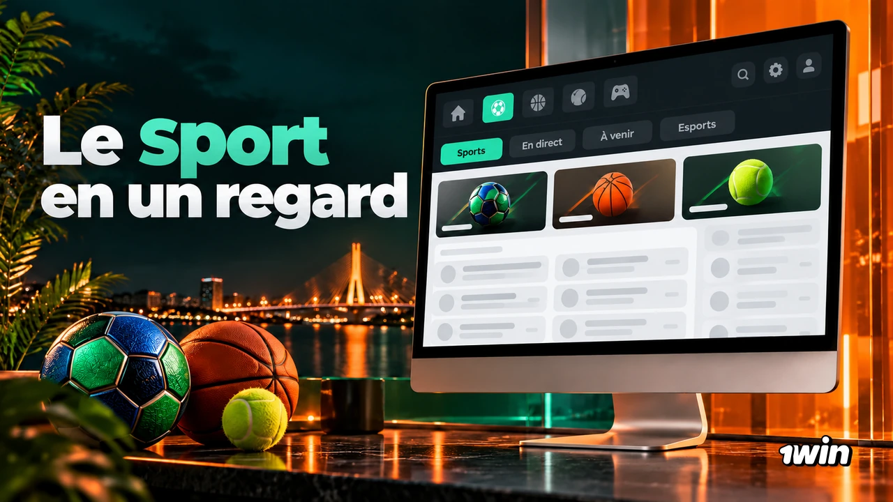 Écran présentant un menu sportif avec football, basket et tennis.